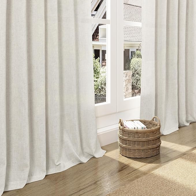 Nanspring Mousse White Linen Curtains for Living Room 108 Inches Long Simple Modern Light Filtering Semi Sheer Curtain Back Tab Coastal Decor Floor to Ceiling High Window for Bedroom 52x108, 2 Panels