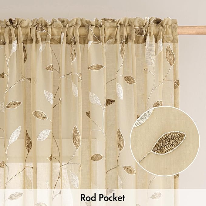 MIULEE Beige Sheer Curtains 2 Panels Embroidered Leaf Patterned Rod Pocket Floral Semi Sheer Faux Linen Short Window Curtains Drapes Set for Kitchen Bathroom Cafe, 30x30 Inches Length