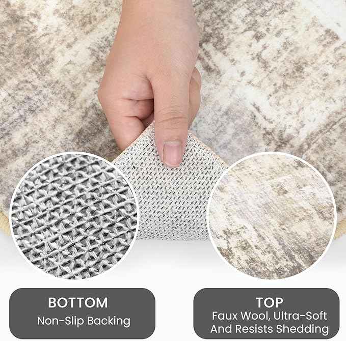 IOHOUZE Abstract Area Rugs 9x12 Ft Washable Large Rugs for Living Room, Non Slip Dining Room Rug, Printed Faux Wool Rugs for Bedroom, Floor Carpet for Office Nursery Playroom, Beige Brown