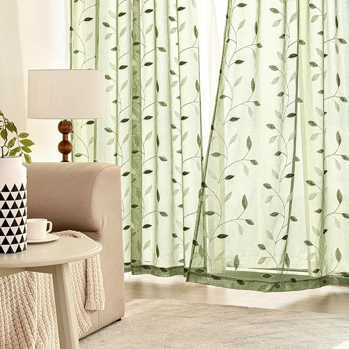 MIULEE Sage Green Sheer Curtains 2 Panels Embroidered Leaf Patterned Rod Pocket Floral Semi Sheer Faux Linen Short Window Curtains Drapes Set for Kitchen Bathroom Cafe, 30x30 Inches Length