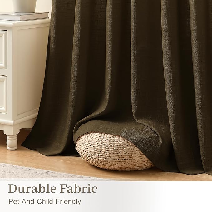 Pinch Pleated Linen Curtains 84 Inch Length 2 Panels Set, Light Filtering Linen Semi Sheer Drapes Memory Trained Pleated Curtain Back Tab for Living Room Farmhouse with Hooks Rings, Dark Chocolate