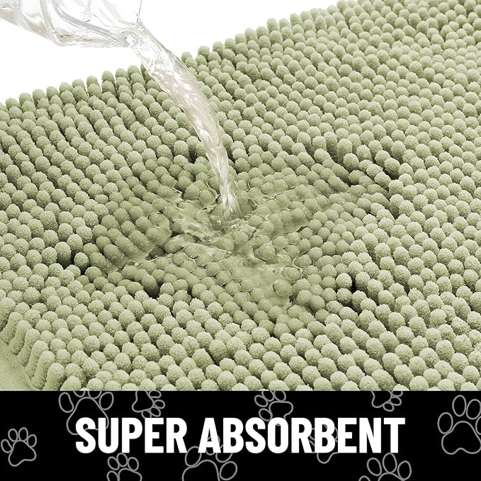 Smiry Dog Door Mat for Muddy Paws, Absorbent Dirt Trapper Non Slip Quick Dry Washable Chenille Mat for Mud Dogs, Entry Rug for Indoor and Outdoor (36x24 Inches, Sage Green and White)