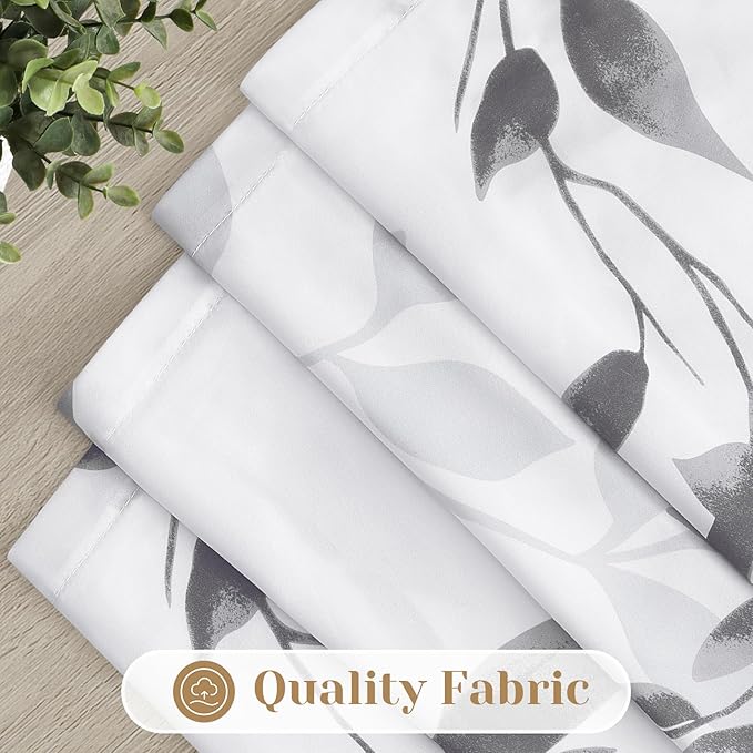 HOMEIDEAS Kitchen Curtains, Short Non-See-Through Privacy 30X36 Inch Length Tier Curtains, Grey and White Leaf Floral Printed Light Filtering Semi Sheer Small Window Drapes for Bathroom Cafe, 2 Panels