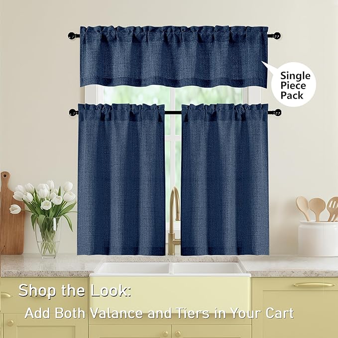 Navy Blue Valances for Windows, Light Filtering Faux Linen Textured Small Short Window Curtain for Bathroom Basement Farmhouse, Rod Pocket Top Half Curtains for Windows, 60Wx18L Inch