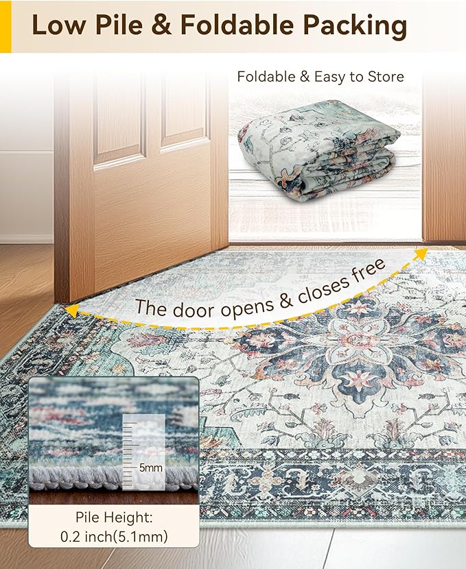 Area Rugs 6'x8' Washable Non-Slip, Floral Vintage Distress Print Pattern Medallion Carpet for Living Room Bedroom Dining Room, Green Navy Blue White Red Teal Colorful