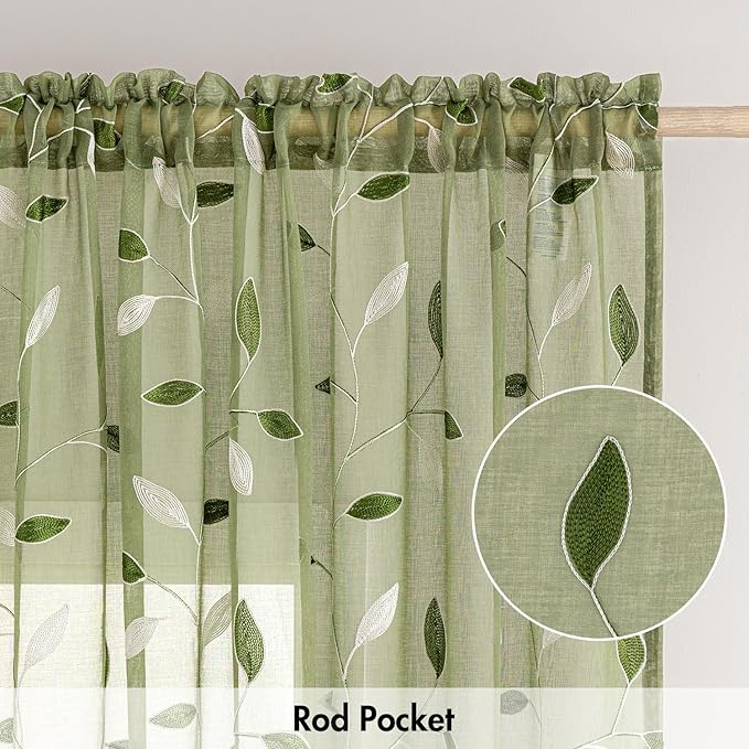MIULEE Sage Green Sheer Curtains 2 Panels Embroidered Leaf Patterned Rod Pocket Floral Semi Sheer Faux Linen Short Window Curtains Drapes Set for Kitchen Living Room Bedroom, 52x54 Inches Length