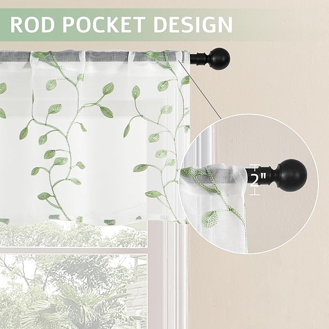 MRTREES Sheer Voile Curtain Valances 2 Panels, Sage Green Leaves Embroidered Valance Curtains 54x16 Inches, Rod Pocket Small Sheer Window Valance for Bedroom/Living Room/Kitchen(Greyish Green Leaves)
