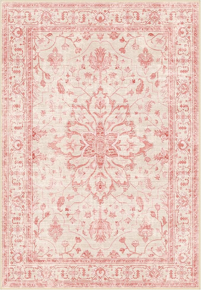Area Rugs Round 4ft Washable Non-Slip, Floral Vintage Distress Print Pattern Medallion Carpet for Living Room Bedroom Dining Room, Pink Light Vintage Pink