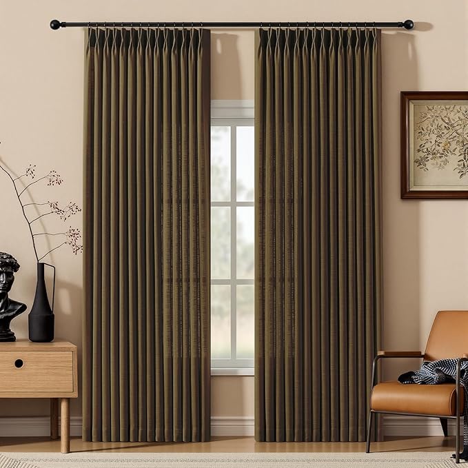 Pinch Pleated Linen Curtains 84 Inch Length 2 Panels Set, Light Filtering Linen Semi Sheer Drapes Memory Trained Pleated Curtain Back Tab for Living Room Farmhouse with Hooks Rings, Dark Chocolate