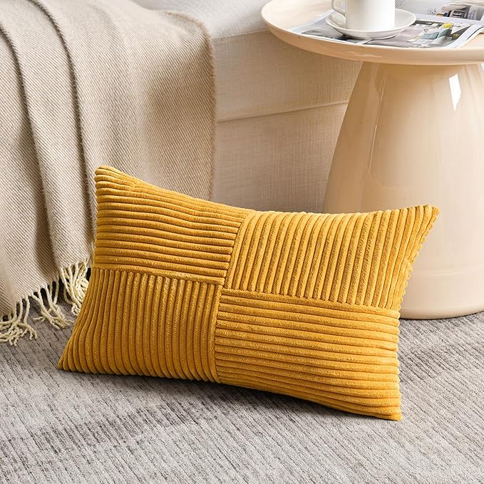 Fancy Homi 2 Packs Gold Yellow Lumbar Decorative Throw Pillow Covers 12x24 Inch for Couch Bed Sofa, Rustic Farmhouse Boho Spring Home Decor, Soft Striped Corduroy Rectangle Accent Cushion Case 30x60cm