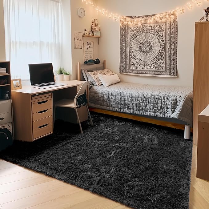 ONASAR Black Rugs for Bedroom, 3x5 Fluffy Bedside Small Area Rug, Soft Plush Fuzzy Shaggy Indoor Floor Carpet for Living Room Nursery College Dorm Teen Kids Girls Boys Home Decor Aesthetic