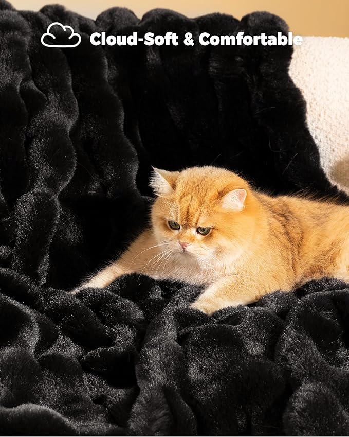 Ultra Soft Cozy Faux Fur Throw Blanket, Fuzzy Plush Thick Bubble Blanket, Oversize Luxury Fluffy Blanket for Couch, Bed, and Living Room, 60x80 Inches, Black