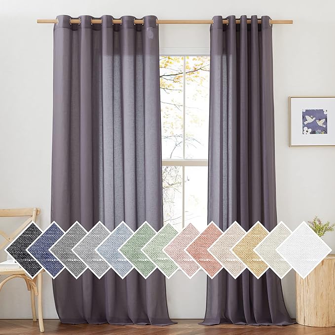 NICETOWN Faux Linen Sheer Curtains for Living Room, Grommet Elegant Semi Sheer Curtains Privacy Light Filtering Vertical Drapes for Girl's Room/Bedroom, W70 x L96, Purple Brown, 1 Pair