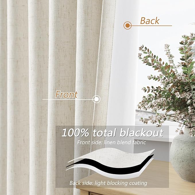 Guken Cream 100% Blackout Linen Curtains 90 Inch Length 2 Panels Set for Living Room Bedroom Back Tab Thermal Insulated Black Out Drapes Room Darkening Farmhouse Style Window Curtains 52x90