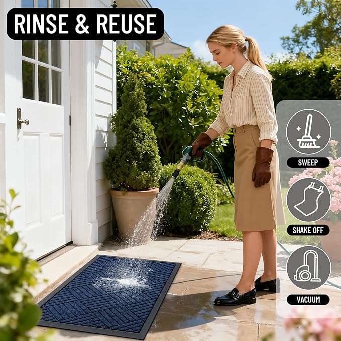OLANLY Front Door Mat Outside Entrance 59x34, Absorbent, Heavy Duty Sturdy Natural Rubber Doormat Indoor Outdoor, Stain Fade Resistant, Non-Slip Low Profile Floor Mat for Entryway, Navy Blue Diamond