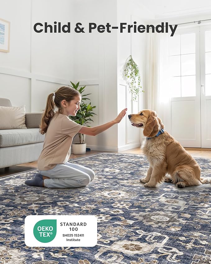 AMADA HOMEFURNISHING 8x10 Washable Area Rug, Low-Profile Large Area Rug with Non-Slip Backing & Durable Edge Binding, Vintage Large Rugs for Living Room, Bedroom, Dinning Room