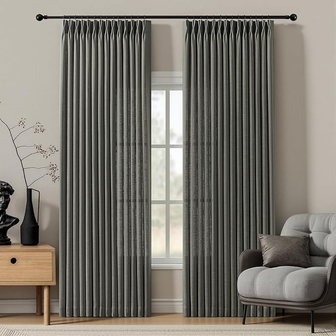 IVAPUPU Pinch Pleated Curtains 84 Inches Long for Living Room, Light Filtering Linen Blend Curtain Memory Trained Back Tab Drapes with Hooks Rings for Bedroom Dining Room, Charcoal Grey, W40xL84