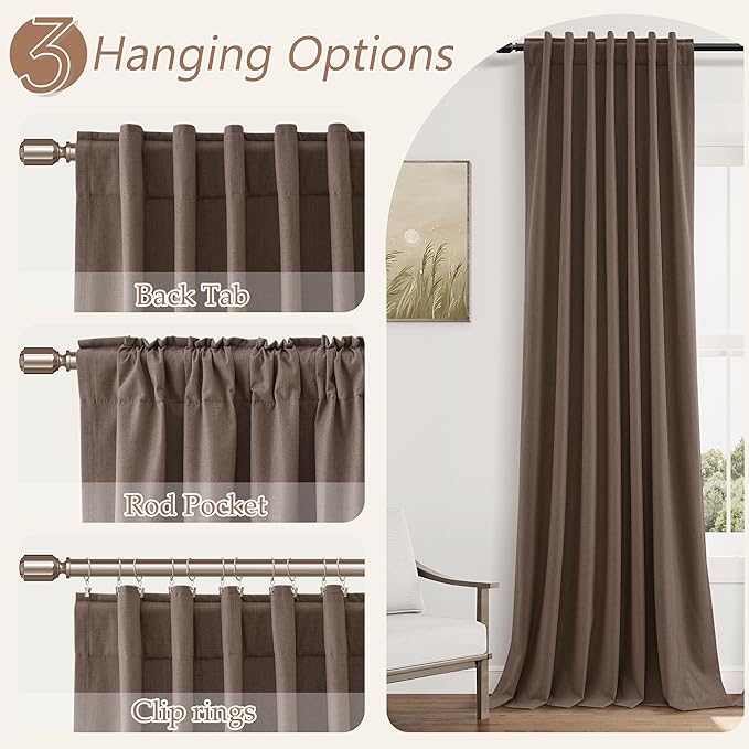 Guken 100% Blackout Curtains 102 Inch Length 2 Panels Set for Living Room Bedroom Back Tab Thermal Insulated Black Out Linen Drapes Room Darkening Mocha Mousse,52x102