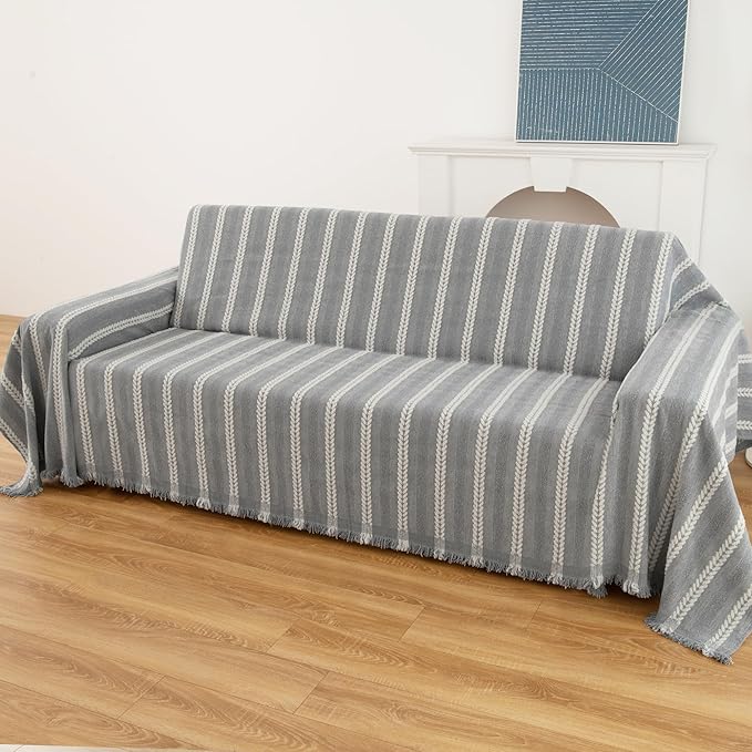 Boho Sofa Covers for 2 Cushion Couch, Couch Cover for Dogs, Loveseat Cover Soft Throw Blankets with Tassels(Striped Grey, 71x102)