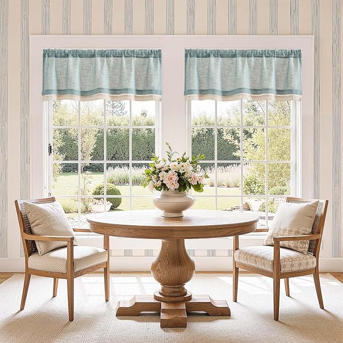 jinchan Linen Farmhouse Valances for Living Room Windows 16 Inch Slubbed Crossed Double Layer Window Valances Light Filtering Rustic Country Overlay Rod Pocket 2 Panels Blue Haze