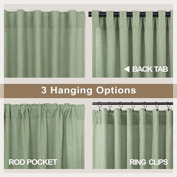 Light Sage Curtains 72 Inch Length for Bedroom 2 Panel Set Back Tab Rod Pocket Drapes Semi Sheer Light Filter Linen Woven Textured Olive Green Curtain for Living Room Dividing Closet Door 52x72 Long