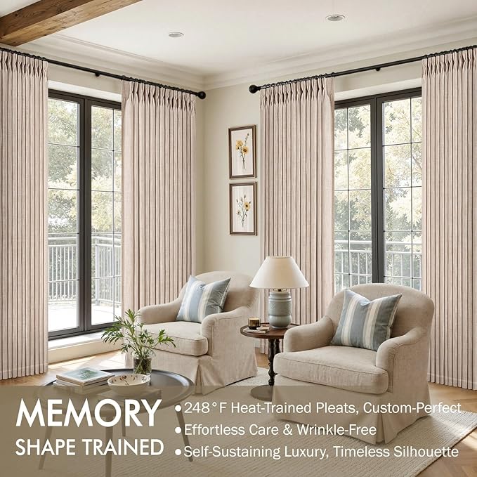 MIULEE Pinch Pleated Thick Linen Curtains 108 Inches Length 2 Panels for Living Room Bedroom, Extra Long Memory Trained Pinch Pleat Drapes Light Filtering Sand Beige Foor to Ceiling Curtains
