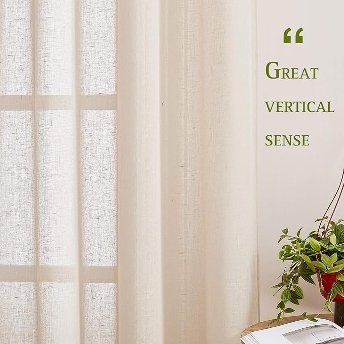 NICETOWN Natural Open Linen Weave Flax Sheer Window Curtains, Ring Top Semi Sheer Textured Drapes Privacy with Light Through for Bedroom/Kids Room, Beige, 52" Wide by 63" Long, 2 Pieces