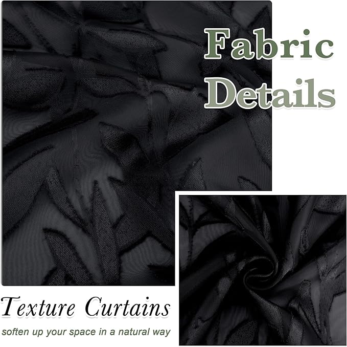 Lecloud Leia Black Sheer Valances for Windows 16 Inch Length 2 Pcs, Jacquard Leaf Textured Short Kitchen Curtains Over Sink, Dual Rod Pocket Cafe Curtains for Bathroom, Each Panel 28" W x 16" L