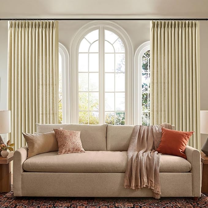 IVAPUPU 60 Inch Extra Width Pinch Pleat Curtains for Living Room, Linen Sheer Pleated Curtain Light Filtering Privacy Back Tab Drapes with Hooks Rings for Sliding Door, 1 Panel, W60xL102, Grey Beige