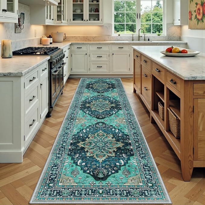 Area Rugs 2'x7' Runner Rug Non Slip Washable for Kitchen Hallway Bedroom Beside Laundry Room Bathroom Rug, Floor Carpet, Teal Green Lake Blue Turquoise