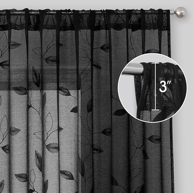 HOMEIDEAS Black Sheer Curtains 52 X 84 Inches Length 2 Panels Black Embroidered Leaf Pattern Gothic Faux Linen Floral Semi Sheer Voile Window Curtains/Drapes for Bedroom Living Room