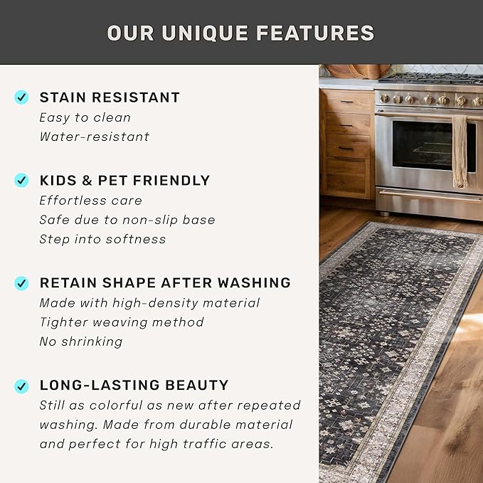 Large 3x5 Entryway Rug Indoor - Washable Non-Slip Low Pile Ultra Soft Area Rug for Large Kitchen, Bedroom Bedside, Mudroom - Distressed Boho Modern Aesthetic Geometric Decor, Ashen/Multi