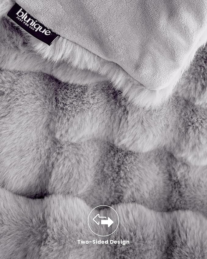 Ultra Soft Cozy Faux Fur Throw Blanket, Fuzzy Plush Thick Bubble Blanket, Oversize Luxury Fluffy Blanket for Couch, Bed, and Living Room, 50x60 Inches, Light Grey