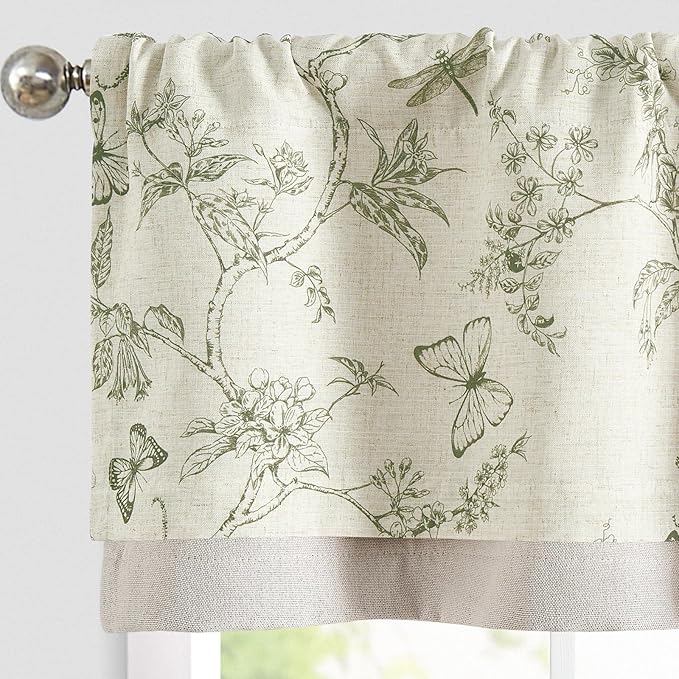 jinchan Floral Curtain Valance for Windows 16 Inch Linen Valance for Kitchen Living Room Rustic Cottage Farmhouse Flower Butterfly Curtain Rod Pocket 1 Panel Double Layer Blackout Green on Beige