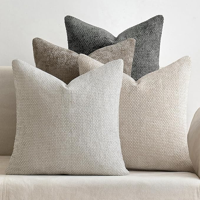 MIULEE Pack of 4 Couch Throw Pillow Covers 24x24 Inch Neutral Soft Decorative Chenille Pillow Covers Farmhouse Boho Accent Cushion Covers for Mid Century Modern Spring Decor Sofa Bedroom Living Room