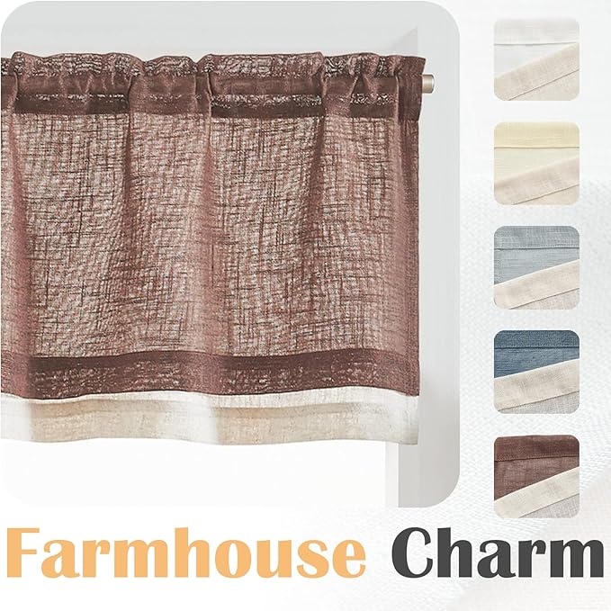 jinchan Linen Valance for Farmhouse Living Room Windows 16 Inch Slubbed Crossed Double Layer Window Valance Light Filtering Rustic Country Overlay Rod Pocket 1 Panel Brown