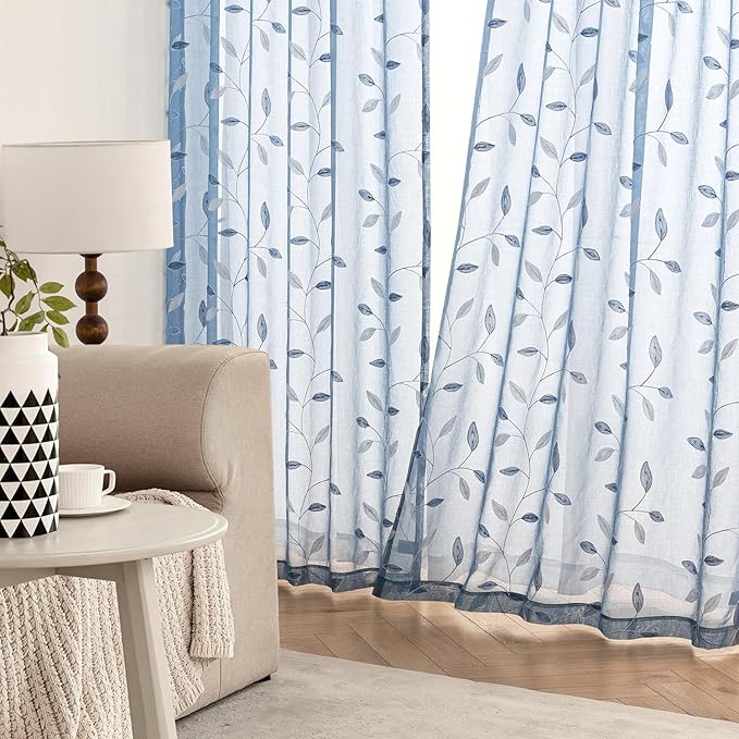 MIULEE Dusty Blue Sheer Curtains 2 Panels Embroidered Leaf Patterned Rod Pocket Floral Semi Sheer Faux Linen Window Curtains Drapes Set for Living Room Bedroom Dining Room, 52x63 Inches Long