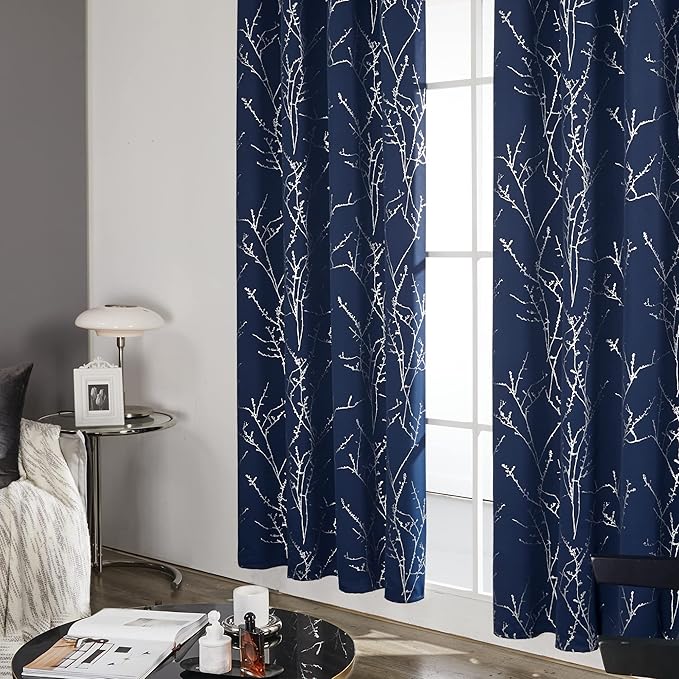 Deconovo Blackout Curtains, Navy Blue Curtain, Thermal Insulated Soundproof Drapes, Branch Silver Print, 52 x 63 Inch Long, Machine Washable Grommet Panels for Bedroom Living Room Office, Set of 2