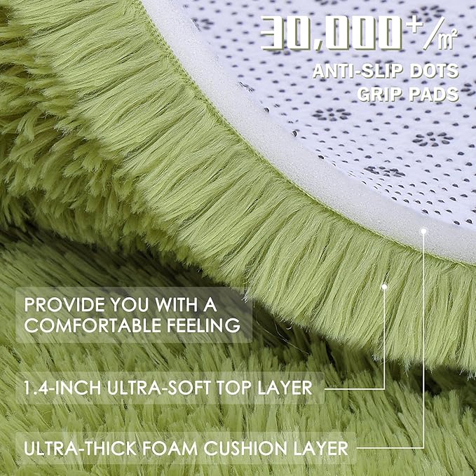 OLANLY Grass Green Round Rugs for Bedroom - Machine Washable, 5 ft Circle Area Rugs for Living Room, Soft and Fluffy Shaggy Carpet for Teen Girls and Boys, Nursery Rooms, Dorms, Home Decor Aesthetic