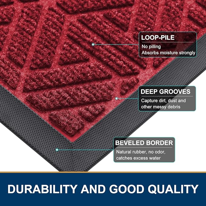 Smiry Front Door Mat Outside Entrance, Heavy Duty Sturdy Natural Rubber Doormat, Trap Dirt and Moisture, Easy Clean Low Profile Mats for Indoor Outdoor Entry, Grid Geometric (29.5x17, Wine Red)