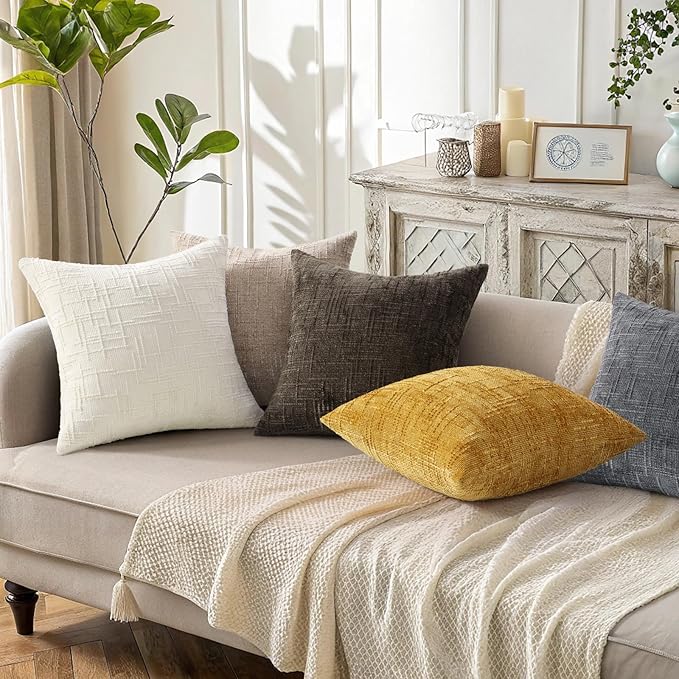 decorUhome Summer Mustard Yellow Chenille Throw Pillow Covers 20x20 Set of 2 Textured Soft Cozy Slubby Couch Pillow Covers Modern Farmhouse Boho Decorative Pillow Cases for Bed Sofa Living Room