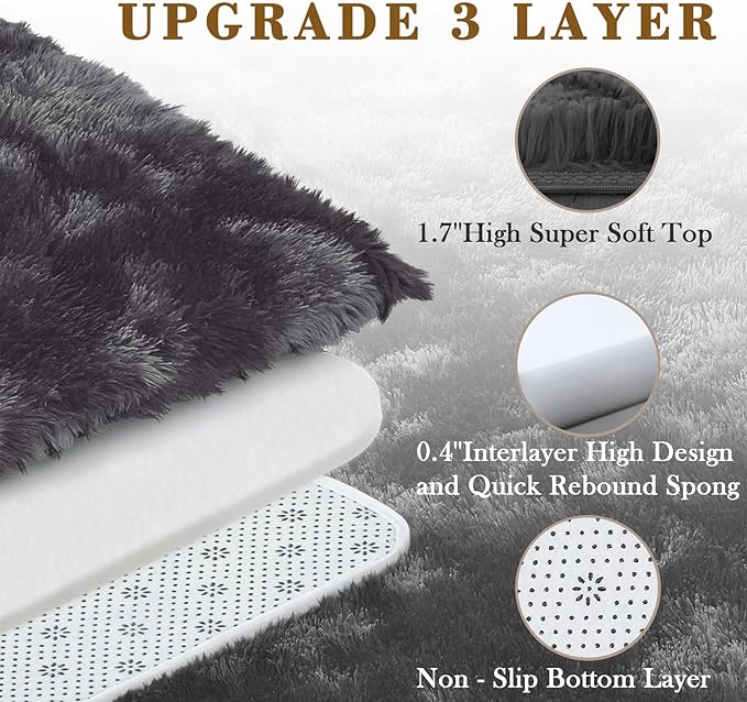3x5 Rug, Bedside Preppy Dorm Area Rug, College Essentials Grey Small Carpets for Bedroom, Anti Slip Fluffy Gray Living Room Rugs Home Decor Aesthetic(3 x 5, Dark Grey Tie-Dyed)