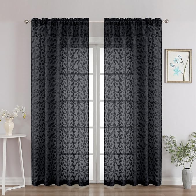 Chyhomenyc Black Sheer Curtains 84 Inch Length 2 Panels Set, Light Filtering Tufted Textured Soft Airy Rod Pocket Gentle Leaf Window Treatment Drapes for Bedroom Living Room, 52" Wx84 L, 2PCS