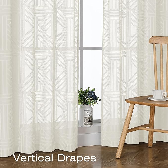 Simplebrand Ivory Semi Sheer Curtains 54 Inch Length 2 Panels, Geometric Jacquard Clip Textured Short Sheer Curtains for Bedroom，Modern Elegant Window Curtains Drapes/Treatment Sheer，42x54 inch