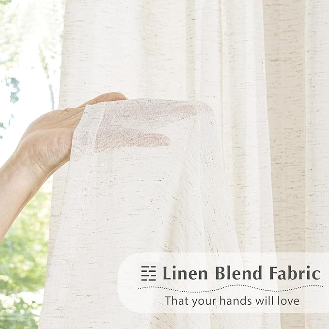 FMFUNCTEX Linen Sheer Pinch Pleated Curtains for Living Room, Linen Flax Beige 90 Inches Long Sheer Curtain See Through Panels for Bedroom, Natural Window Drapes for Farmhouse, Back Tab 2 Panels
