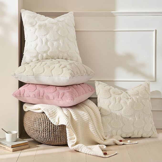 decorUhome Easter Bunny Pillow Covers 18x18 Inch Set of 2, Soft Plush Faux Wool Jacquard Cream White Rabbit Cushion Covers, Farmhouse Neutral Spring Easter Holiday Decor for Couch Sofa Bed