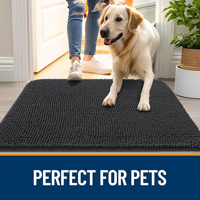OLANLY Dog Door Mat for Muddy Paws 34x21, Absorbs Moisture and Dirt, Absorbent Non-Slip Washable Doormat, Quick Dry Chenille Mud Mat for Dogs, Entry Indoor Entryway Carpet for Inside Floor, Dark Grey