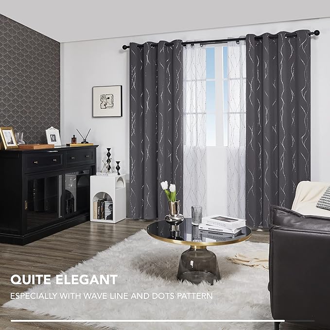 Deconovo Grey Blackout Curtains for Living Room, Thermal Insulated Soundproof Drapes, Wave Dots Foil Print, 52 x 95 Inches Long, 2 Panels, Machine‑Washable Window Panel for Bedroom Nursery Office