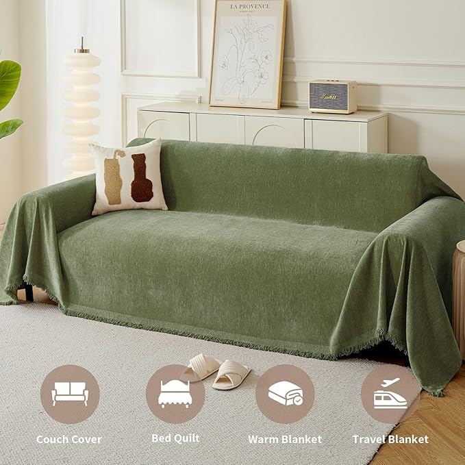 Couch Cover for Dogs, Boho Sofa Covers for 3 Cushion Couch, Chenille Sofa Slipcover for Pets Washable, L-Shape Sectional Couch Loveseat Cover Soft Throw Blankets with Tassels(91x134,Green)