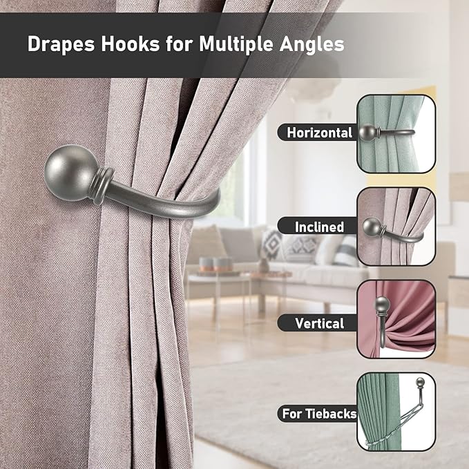 Sumnacon Set of 2 Decorative Curtain Holdbacks, Wall Mounted Aluminum Alloy Window Drapery Tiebacks for Bedroom, Livingroom Office Come with Screws, Grey